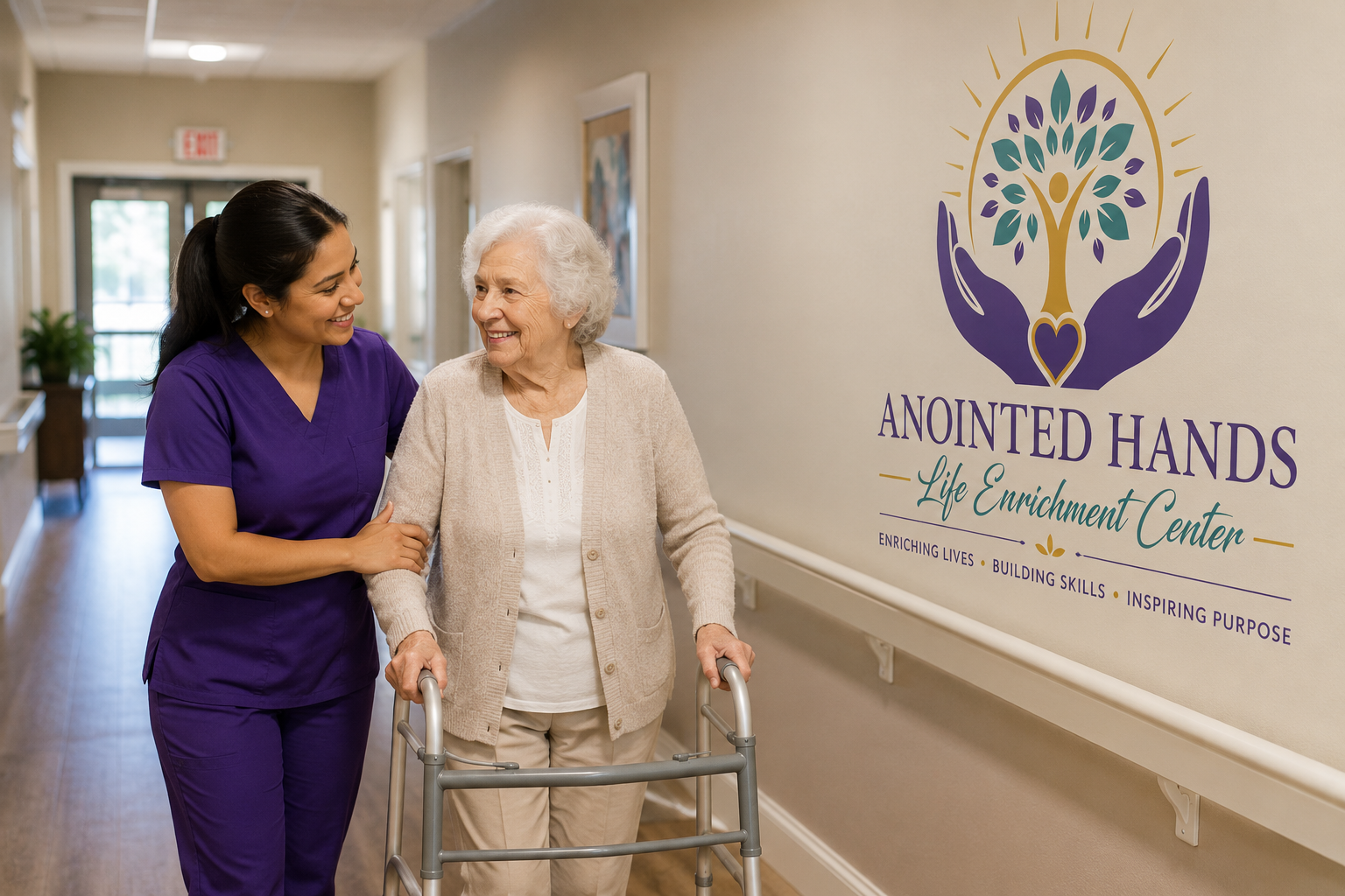 Annointed Hands Life Enrichment Center hallway with caregiver and resident